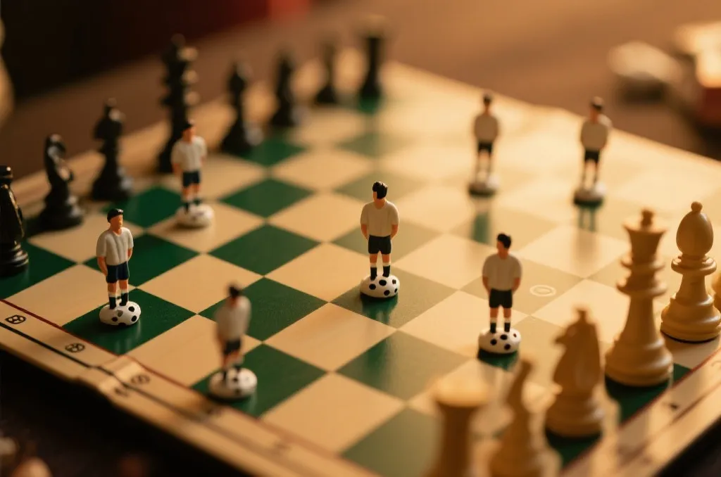 绿茵场上的战术板与棋子分析，象征策略博弈