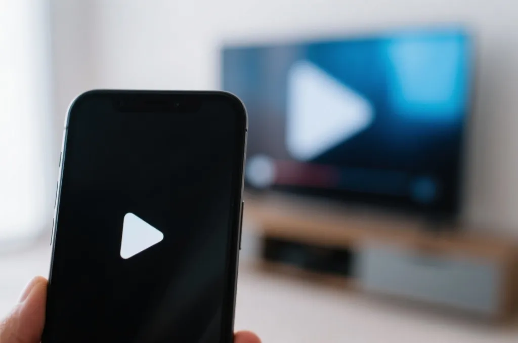 Close-up of a modern smartphone displaying a generic video player with a casting icon highlighted, blurred smart television in the background